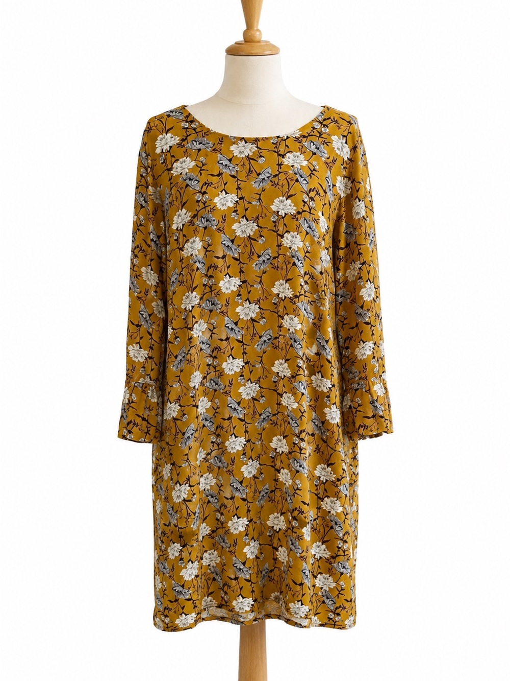 Floral Long Bell Sleeve Shift Dress - Mustard Yellow Crew Neck Old Navy Size XXL